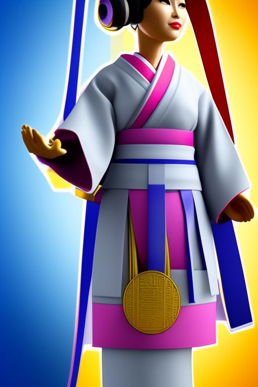 Create a toy of the person in the photo. It should be an action figure. The toy should be inside the box. She is wearing a kimono with a blue belt. A full-length grey box. The figure should have its accessories next to it: a gold medal, a cup, and headphones. Also, the box should have Arishkar's written at the top, and 🥋 below it. Portray it as realistically as possible.
